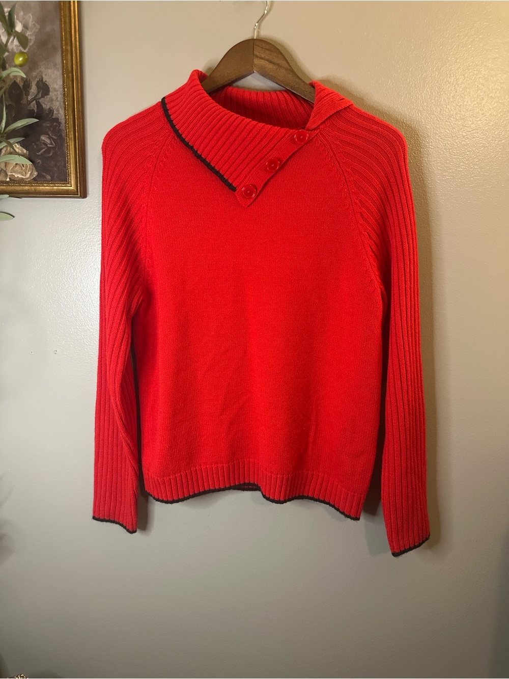Mountain Lake Red Mock Neck Button Sweater Black Trim Large - Picture 2 of 8